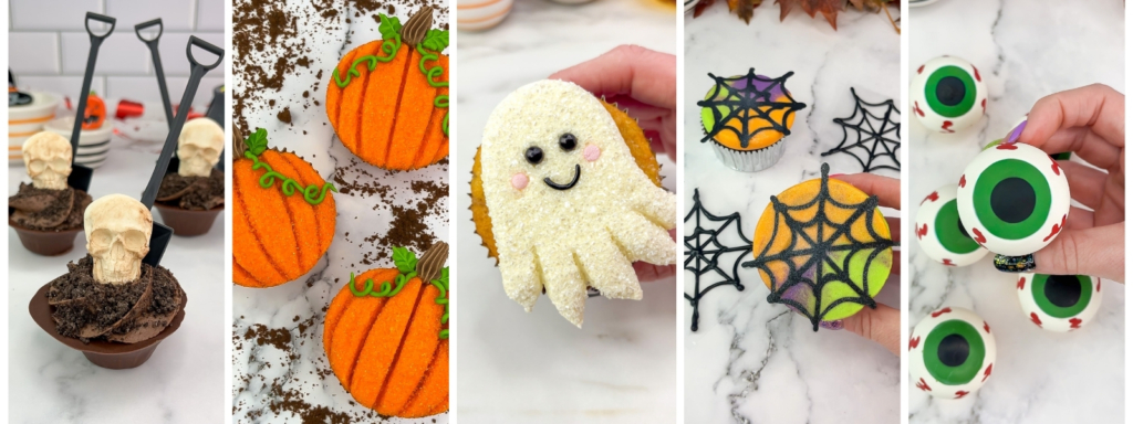 Collage of 5 Halloween cupcake ideas — ghost, pumpkin, eyeball, spider web, and graveyard skull designs