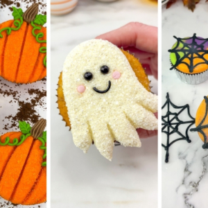Collage of 5 Halloween cupcake ideas — ghost, pumpkin, eyeball, spider web, and graveyard skull designs