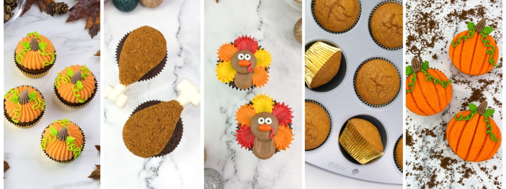 A collage of Thanksgiving cupcakes including pumpkin spice, turkey, turkey leg, and pumpkin patch designs by Caked by Rach.