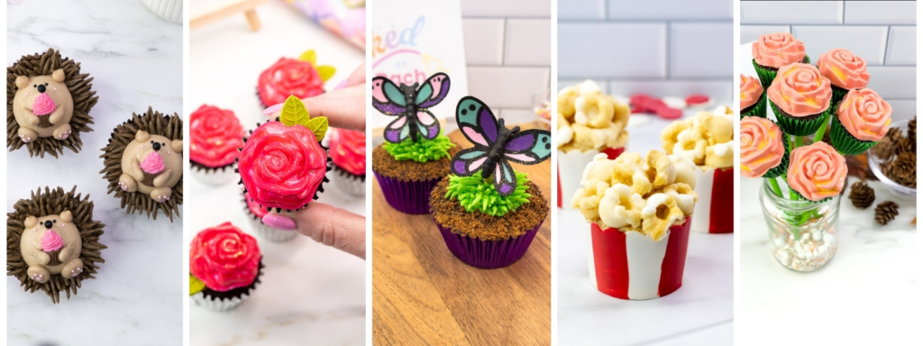 Mother’s Day cupcake ideas including rose cupcakes, popcorn cupcakes and cute designs